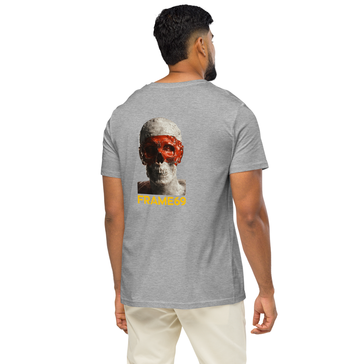 Heather gray skull graphic back T-shirt with small yellow FRAME69 logo on chest