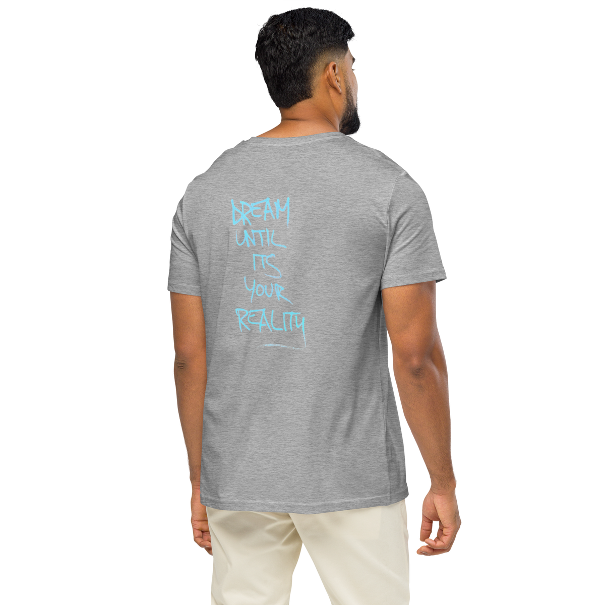 Heather gray graphic T-shirt with blue back text graphic