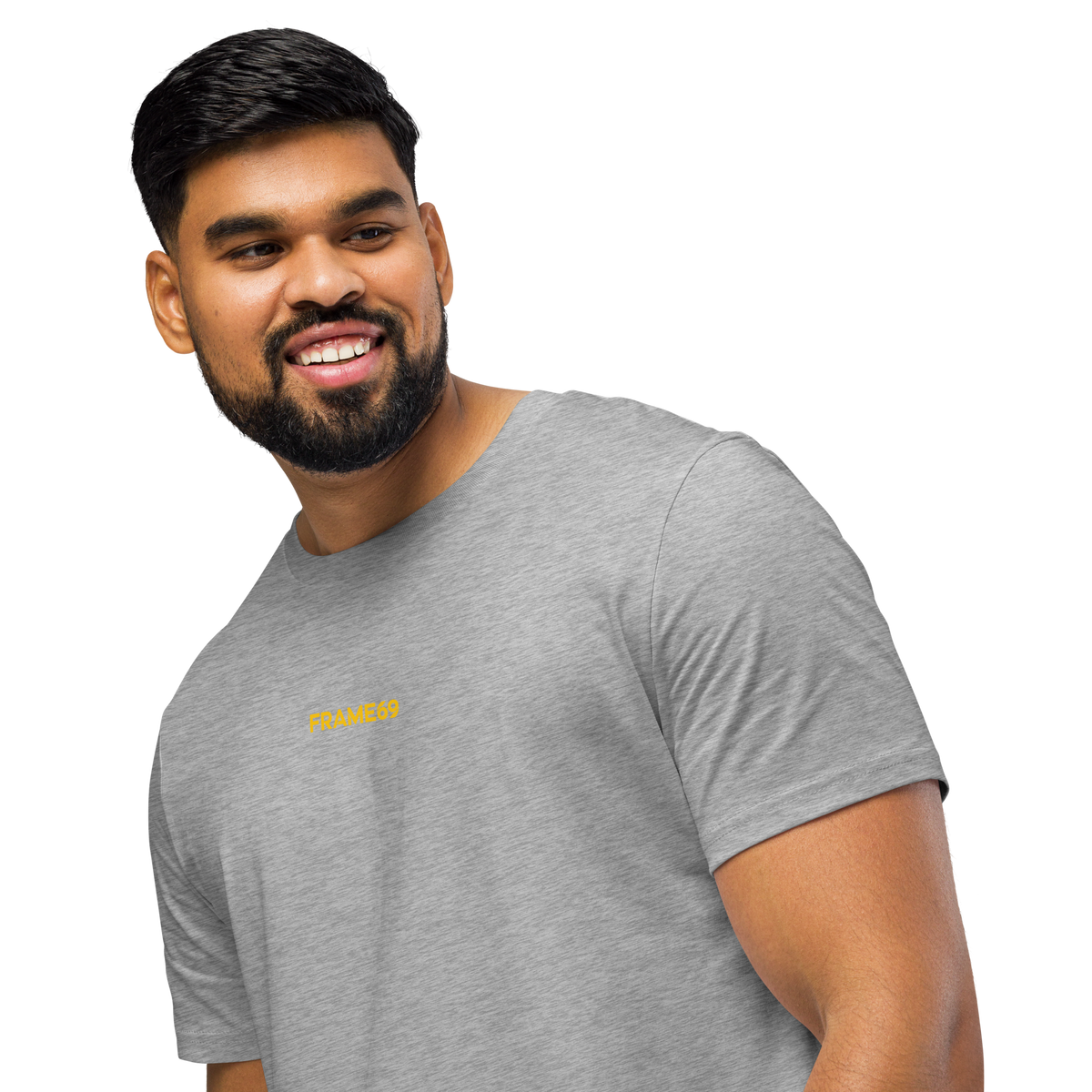 Light gray heather crewneck T-shirt with small yellow FRAME69 logo on chest