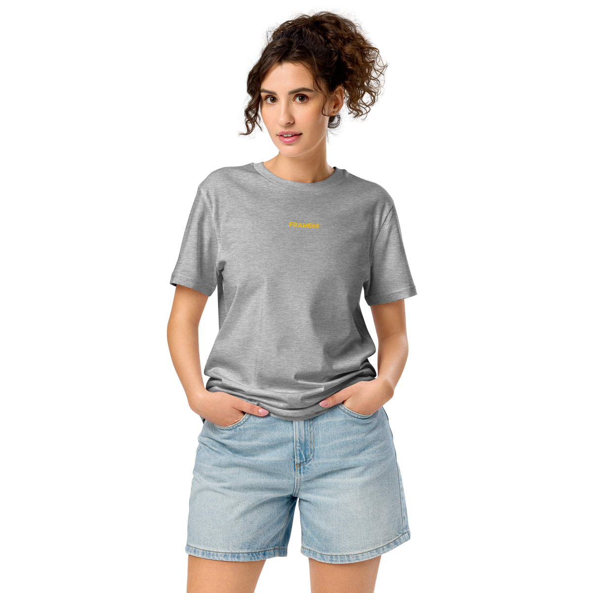 Heather grey crew-neck graphic t-shirt with small yellow chest logo