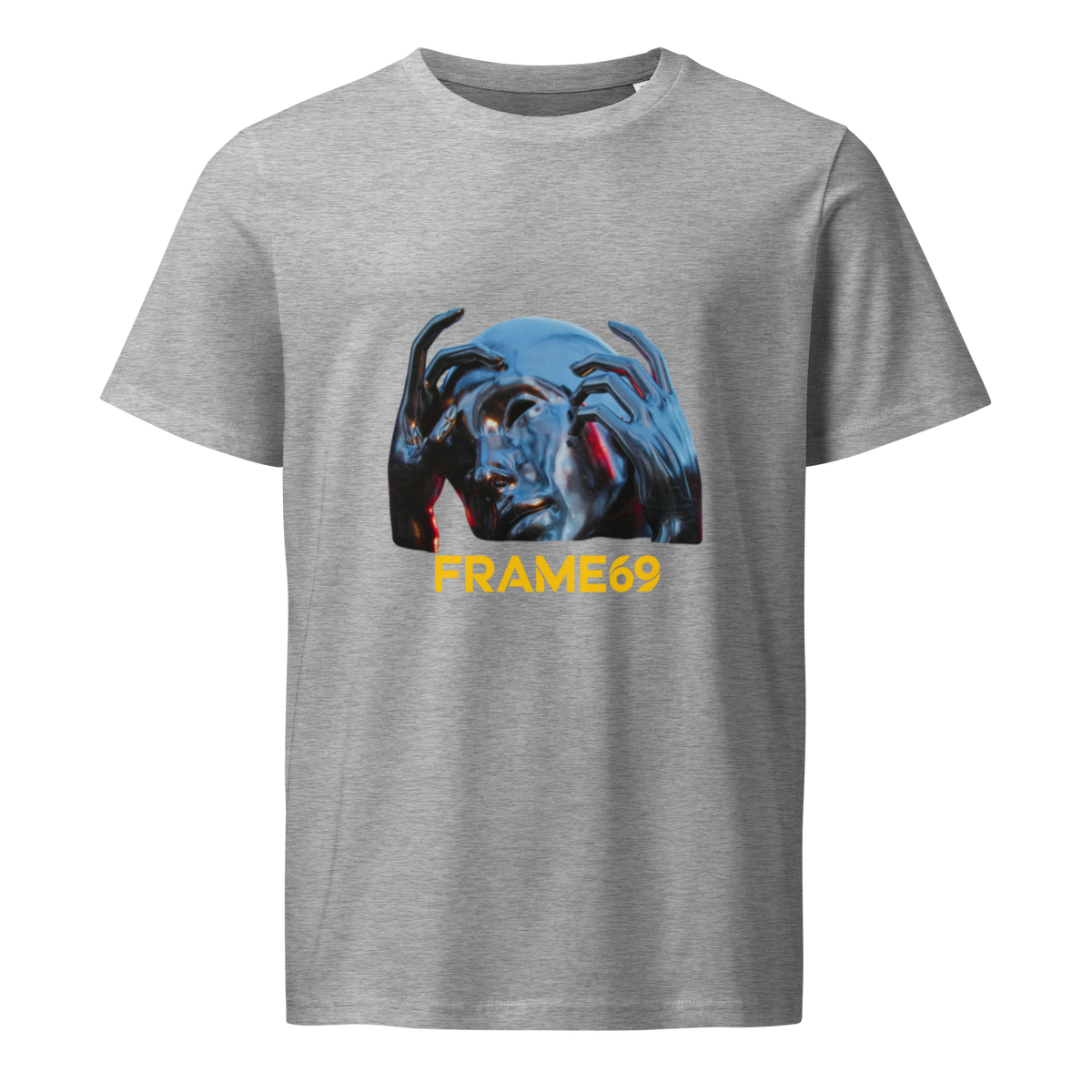 Heather gray graphic crew-neck T-shirt with colorful face print and “FRAME69” text