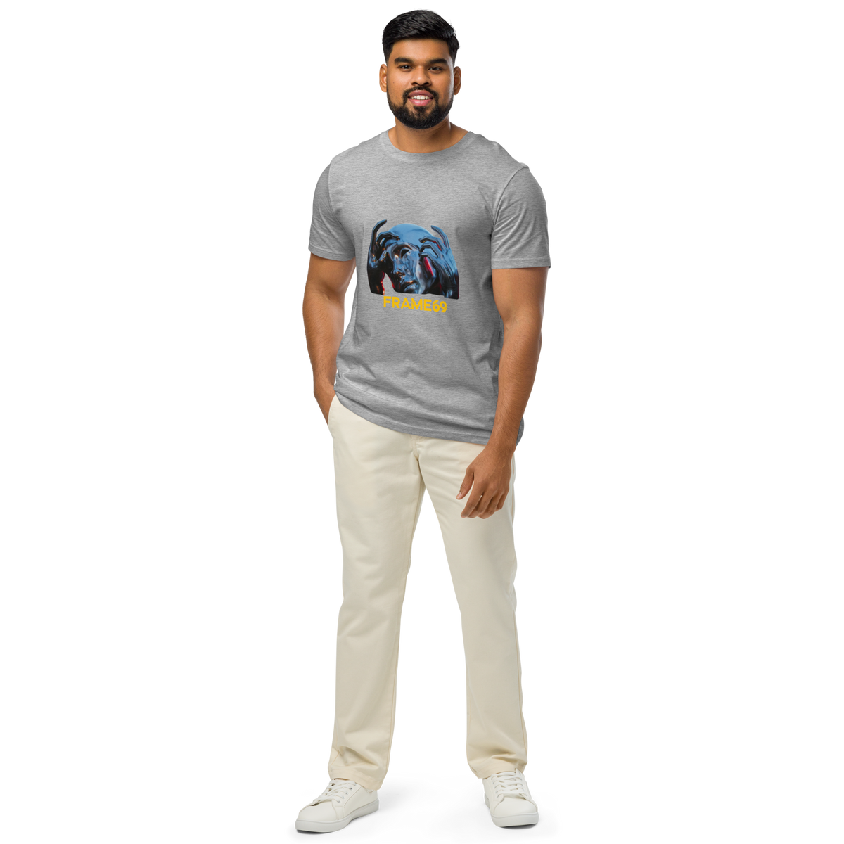 Heather gray graphic tee with blue animal graphic and orange "FRAME69" text