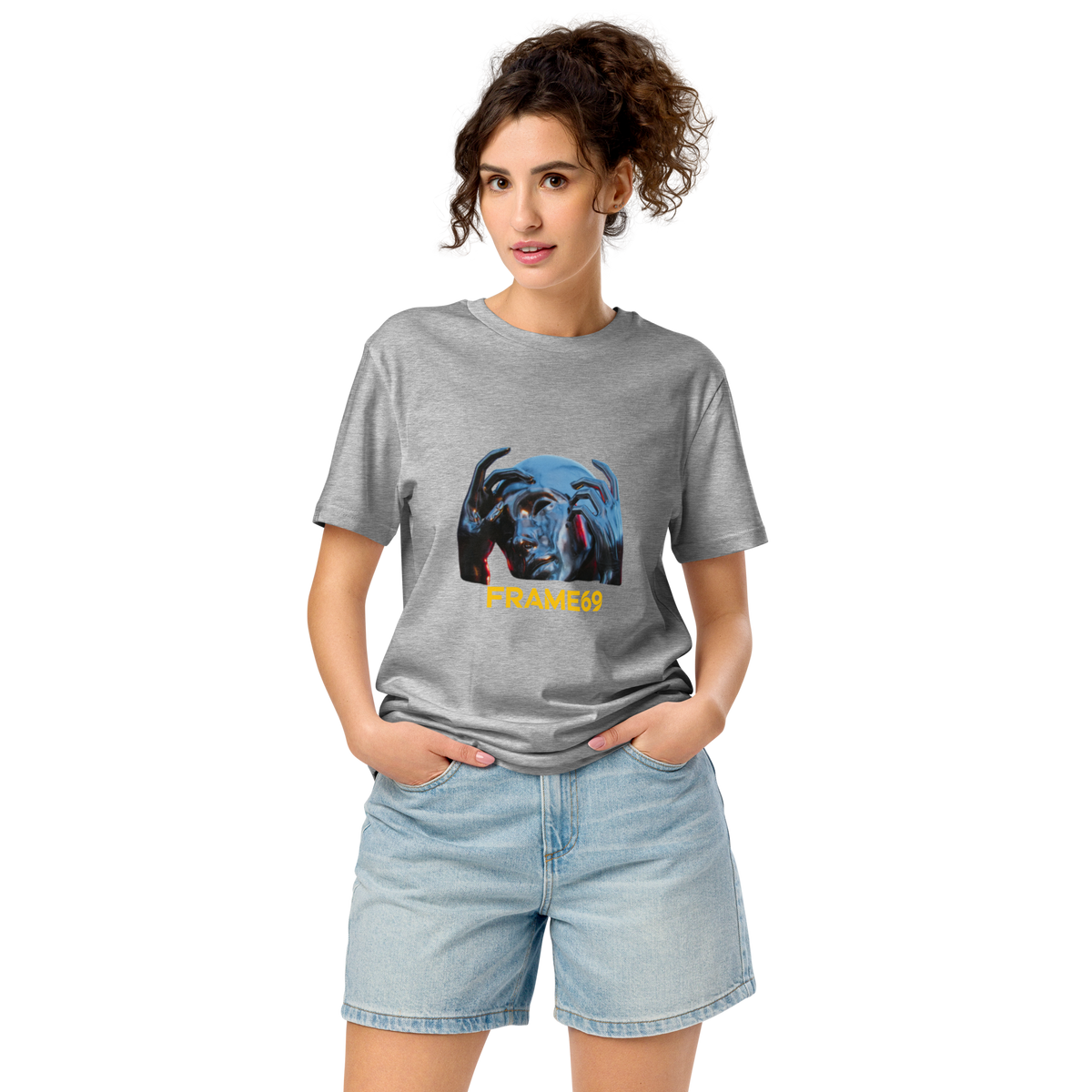 Heather gray graphic tee with blue animal graphic and orange "FRAME69" text