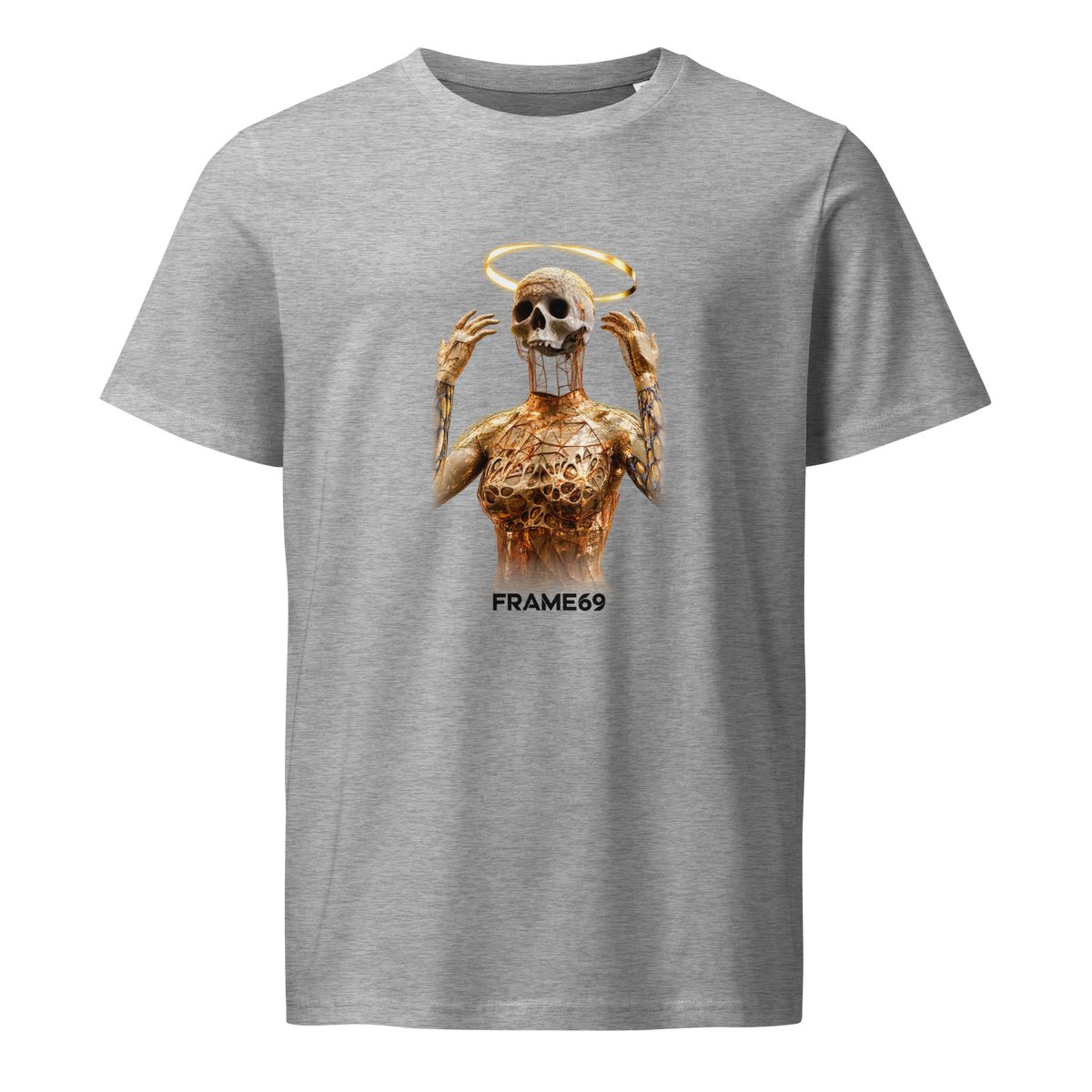 Light heather gray crew-neck short-sleeve tee with gold skeleton graphic on front