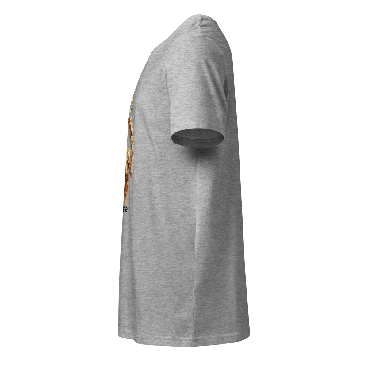 Light heather gray crew-neck short-sleeve tee, left side view with gold graphic edge