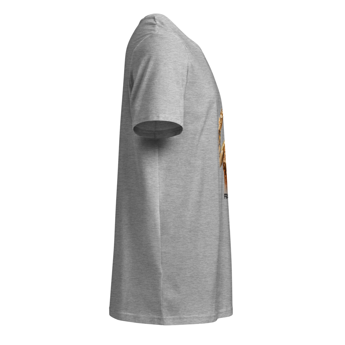 Light heather gray crew-neck short-sleeve tee, right side view with gold graphic edge