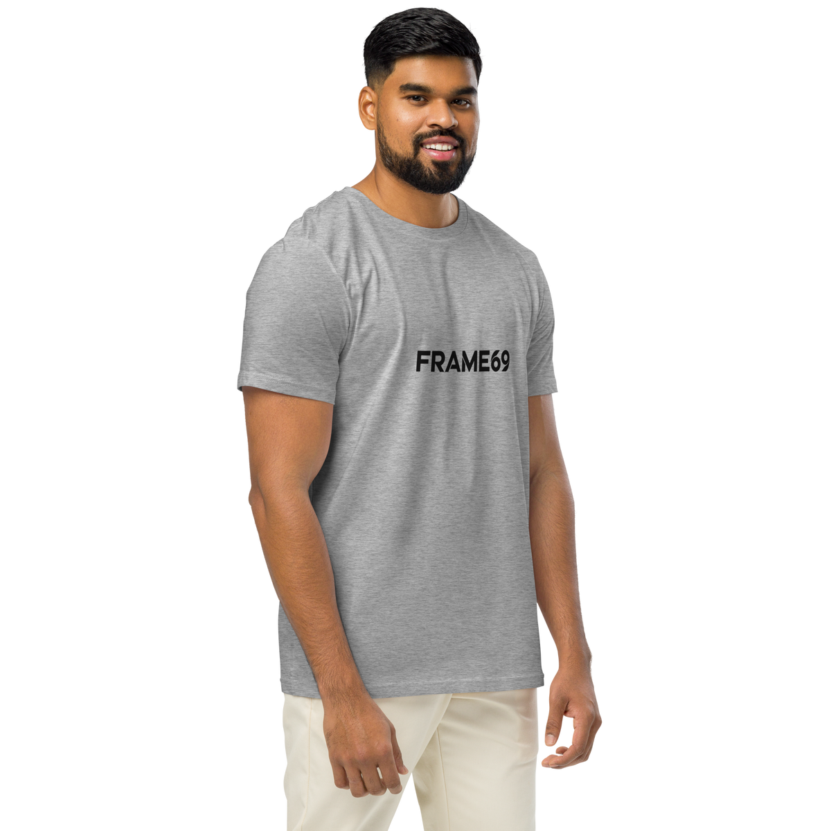 Grey graphic T-shirt with FRAME69 logo print at chest