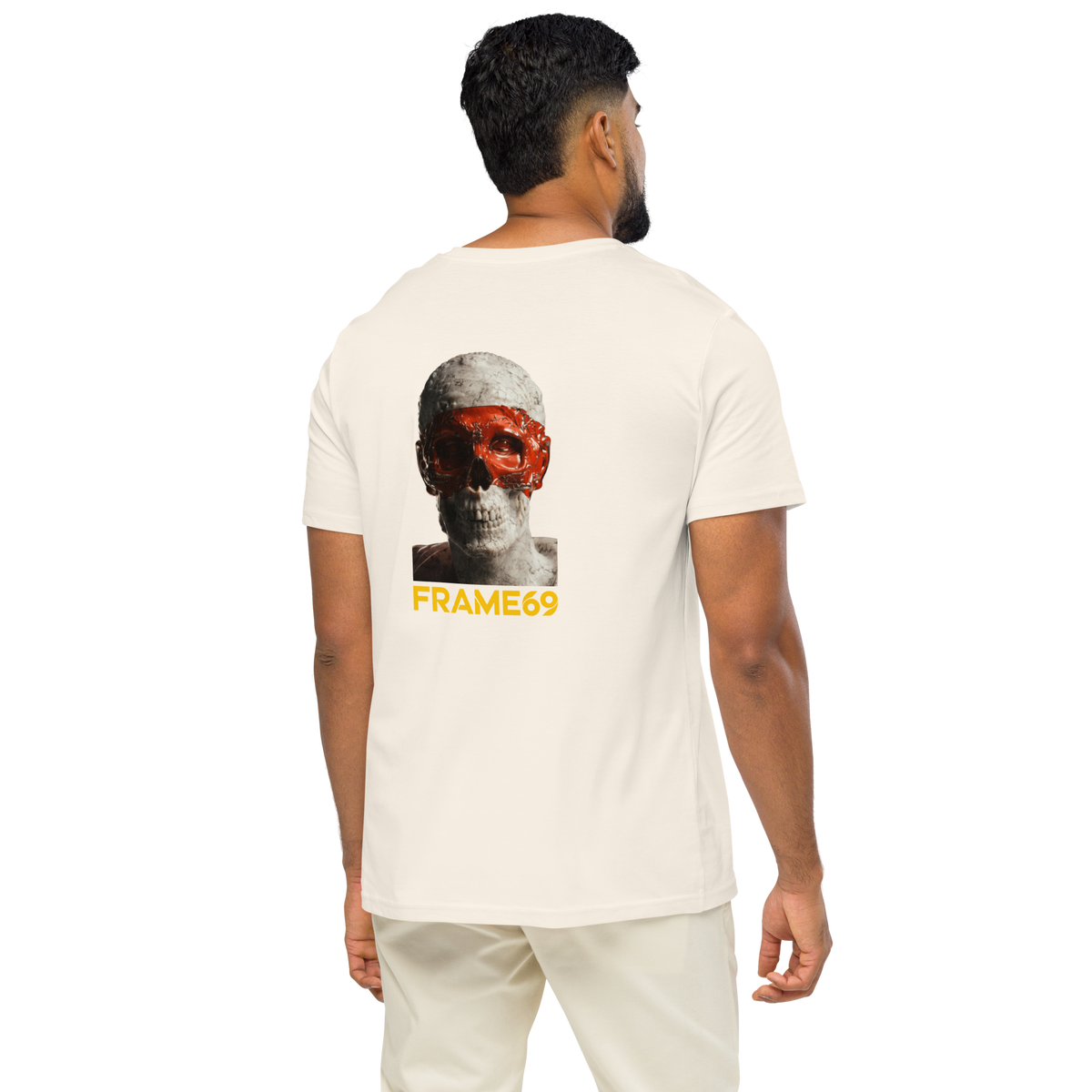 Light cream skull graphic back T-shirt with small yellow FRAME69 logo on chest