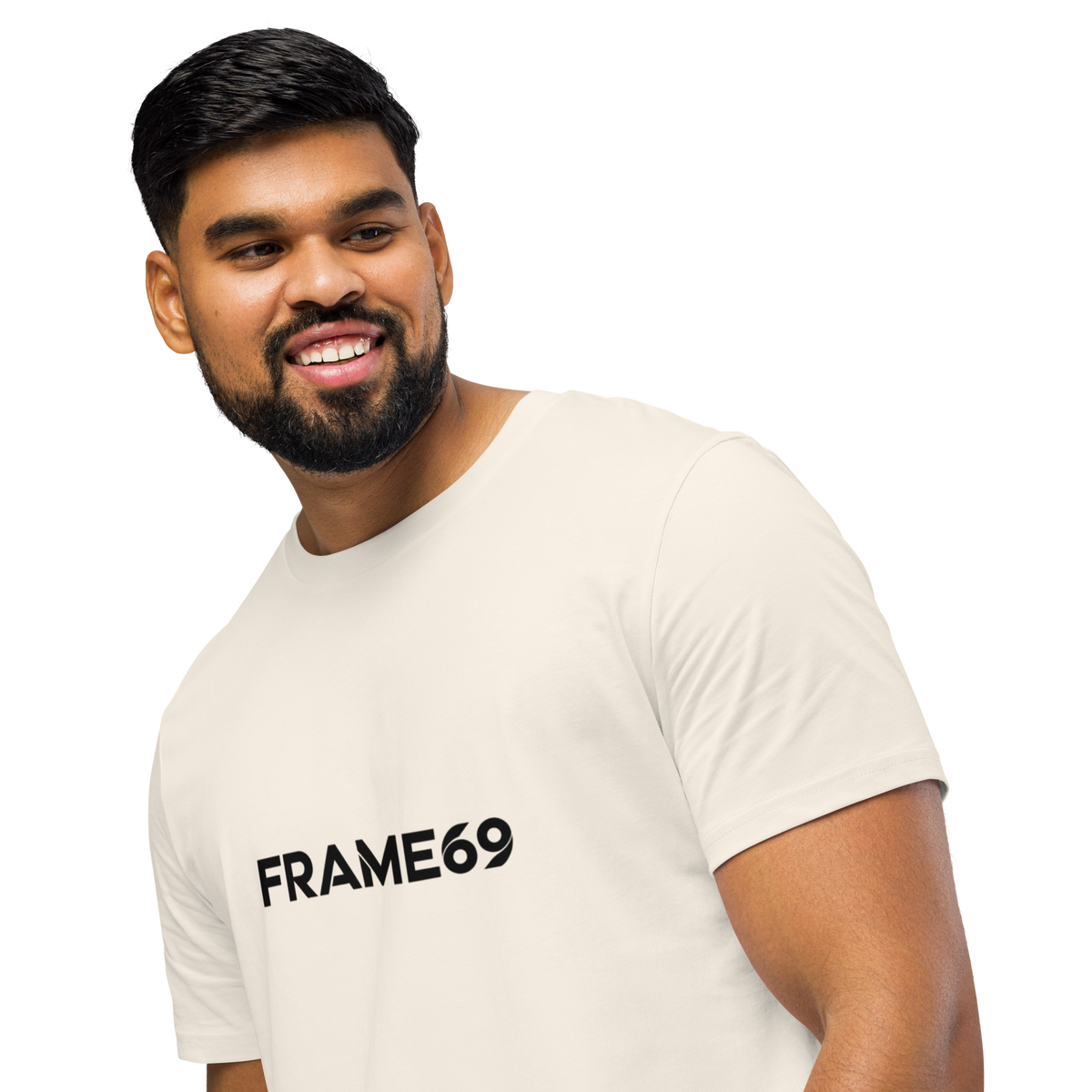 White graphic T-shirt close-up with FRAME69 logo on chest