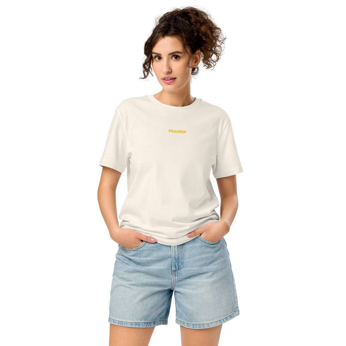 White crew-neck graphic t-shirt with small yellow chest logo