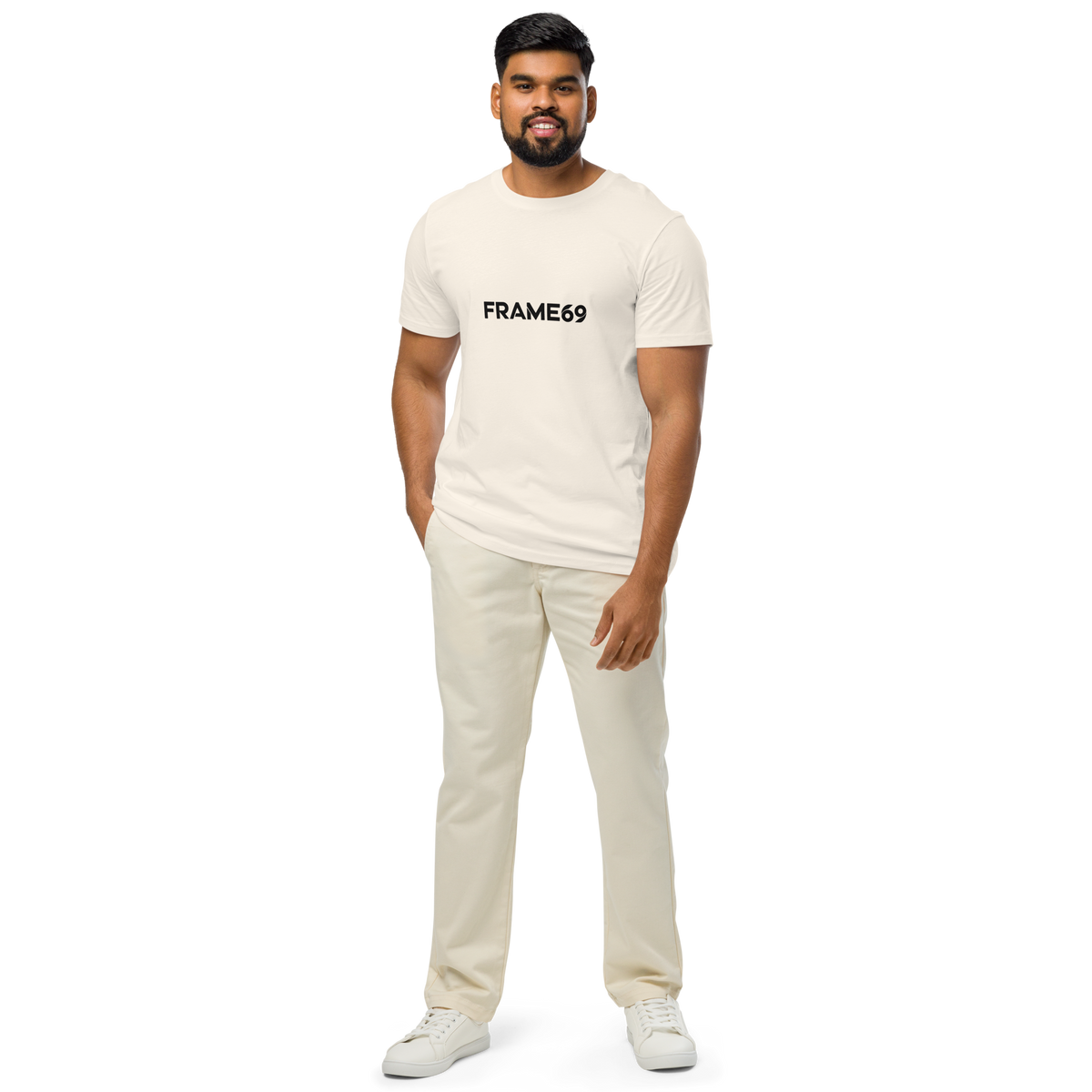 White graphic T-shirt with FRAME69 logo print at chest