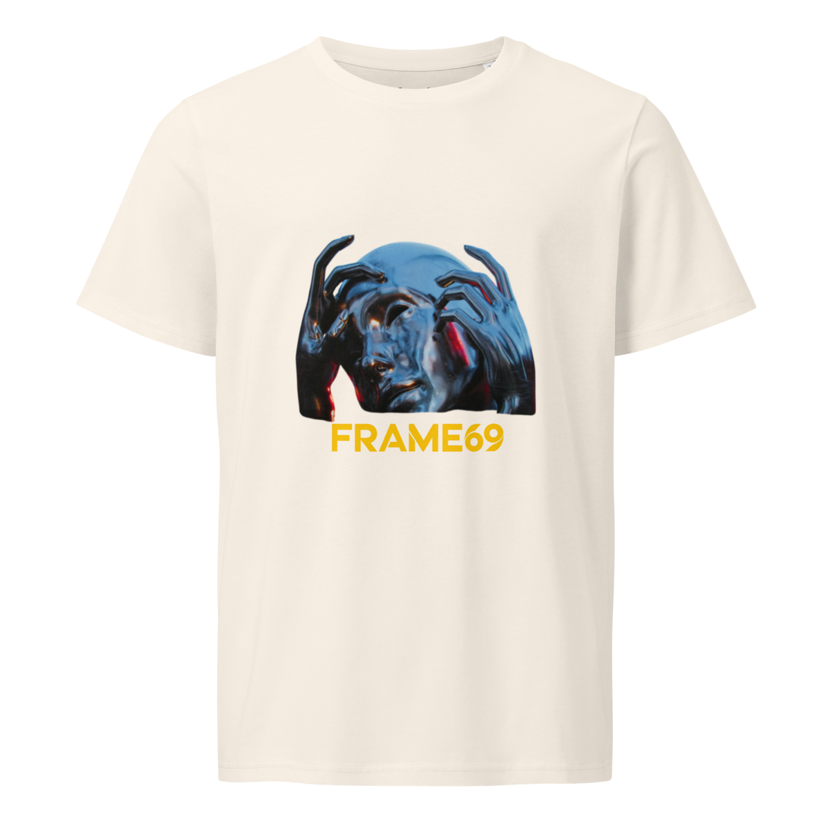 Off-white graphic crew-neck T-shirt with colorful face print and “FRAME69” text