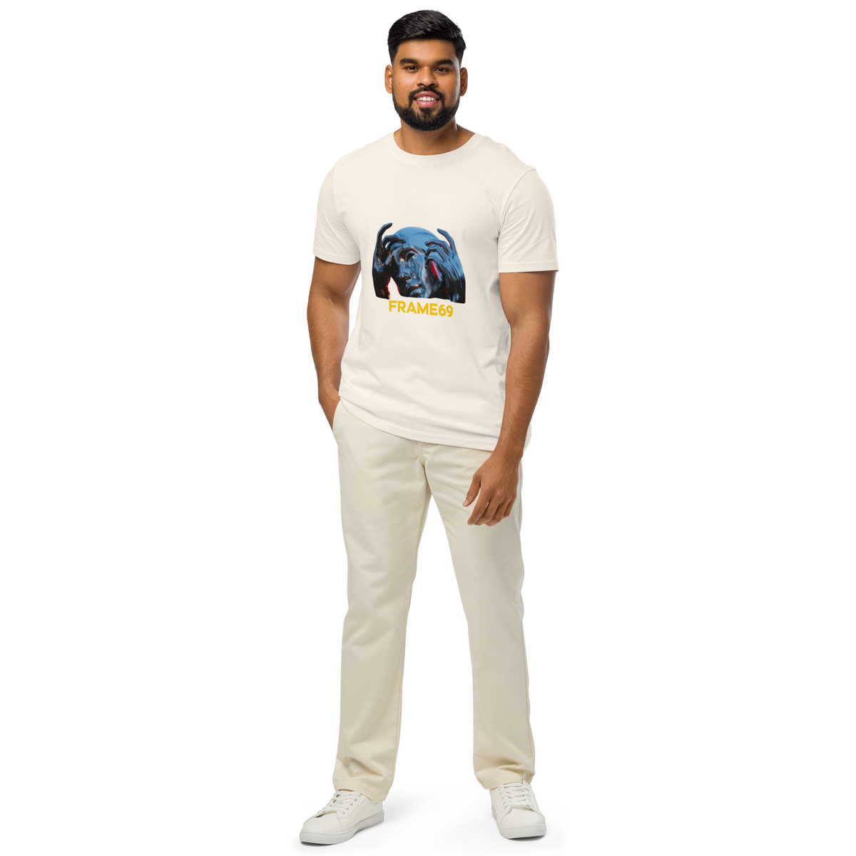 White graphic tee, front view with blue graphic and orange FRAME69 logo