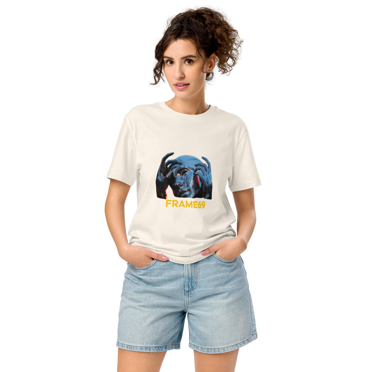 Cream graphic tee with blue animal graphic and orange "FRAME69" text