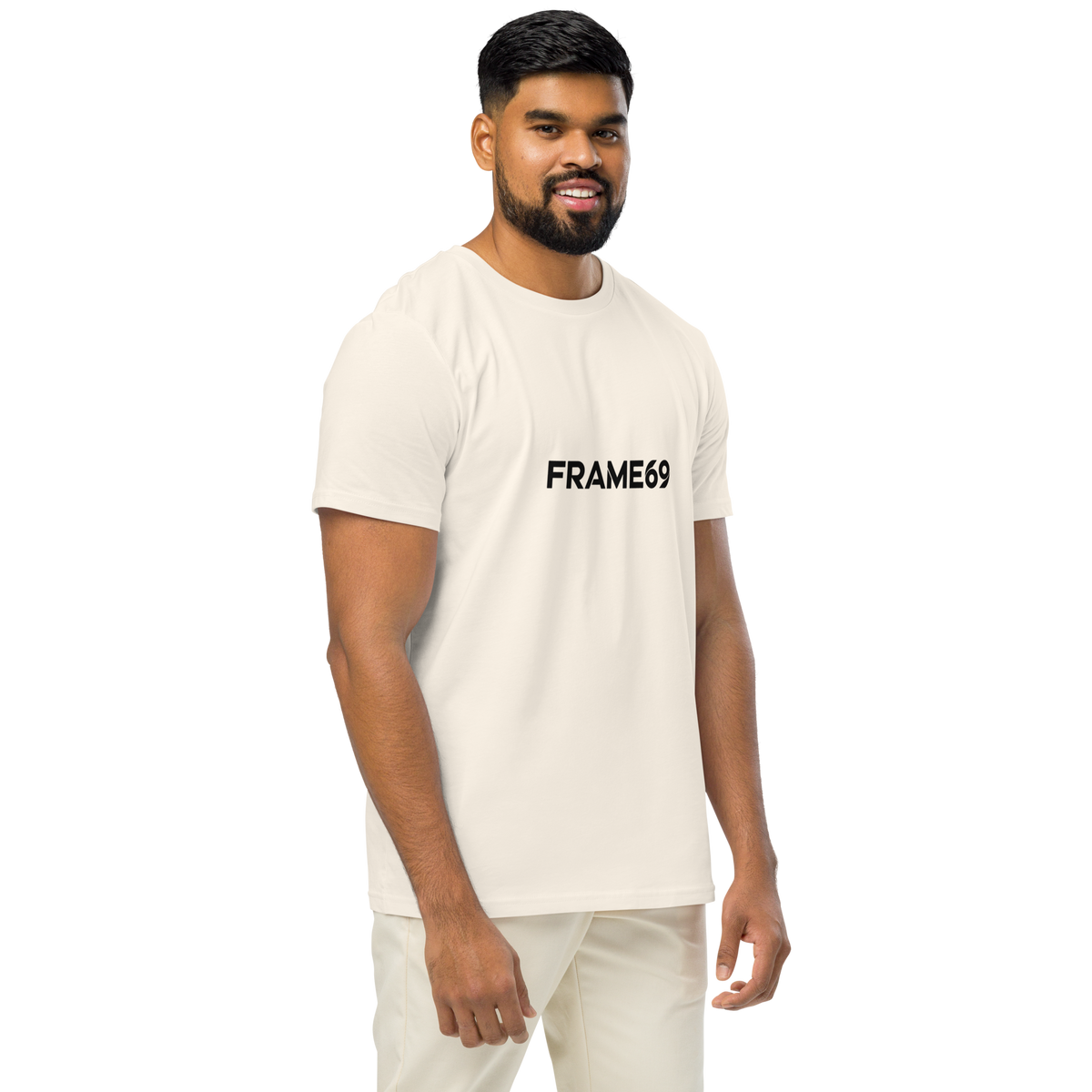 White graphic T-shirt with FRAME69 logo print on front