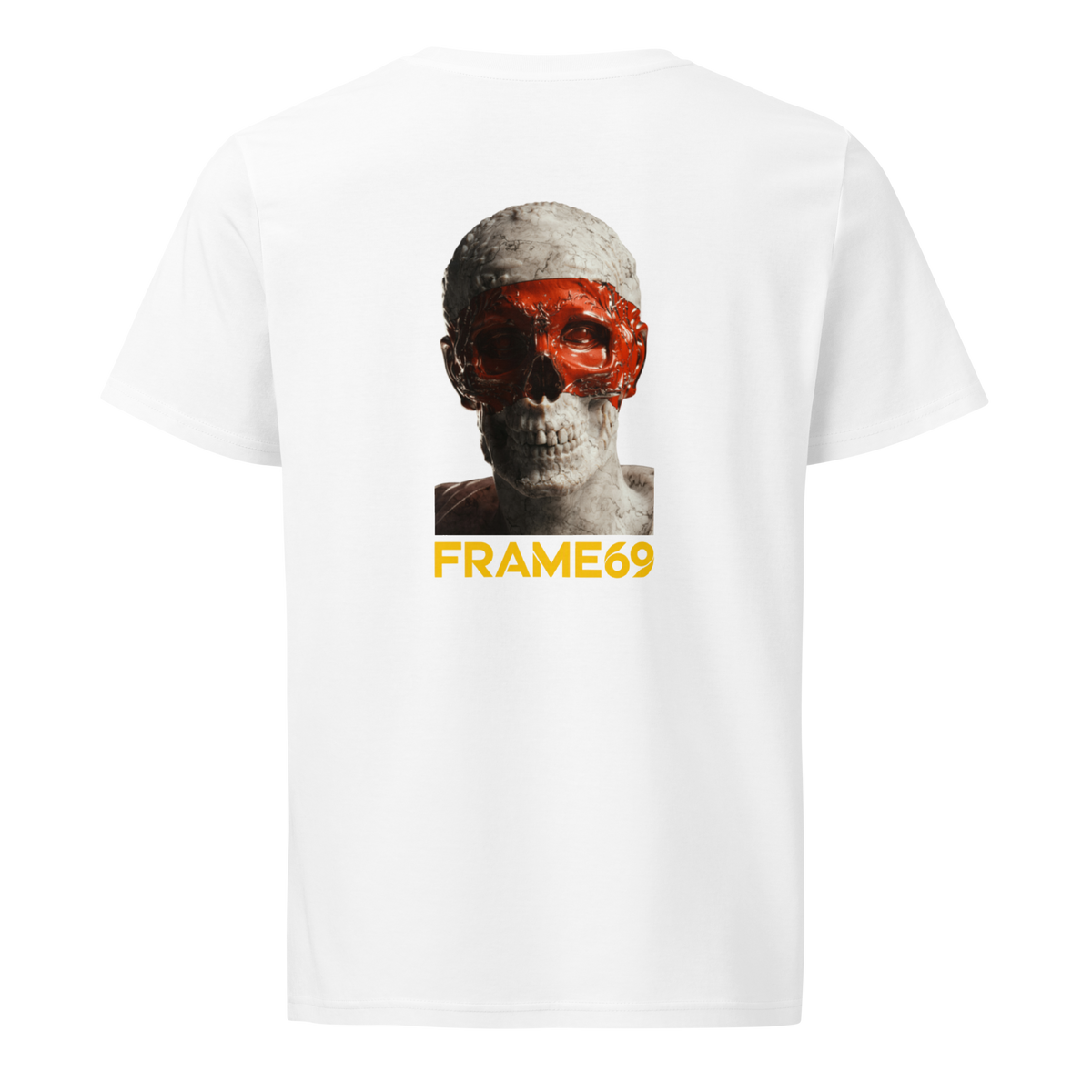 White skull graphic T-shirt, back view with FRAME69 text