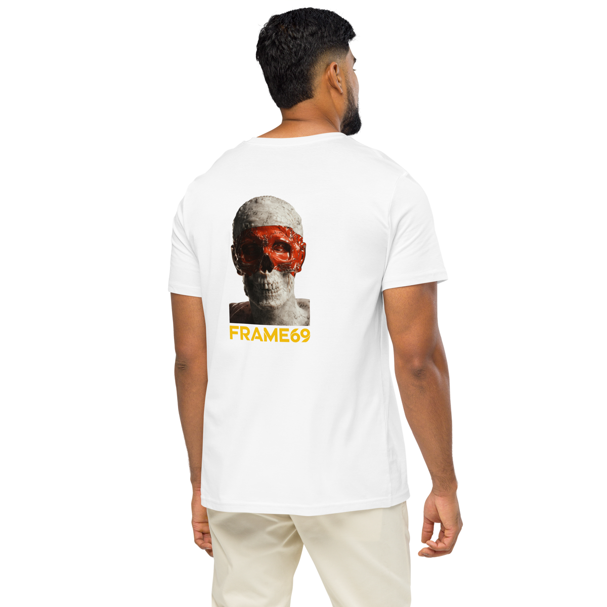 White skull graphic T-shirt, back view with FRAME69 text