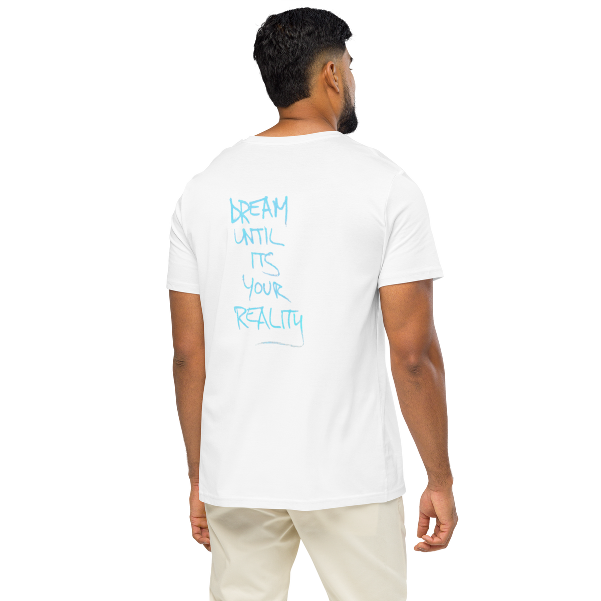 White graphic T-shirt with blue back quote text