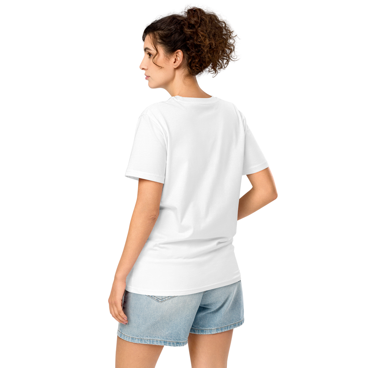 White graphic tee, back view with crew neck and short sleeves