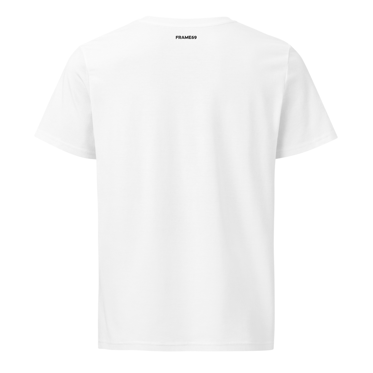 White crewneck tee, plain back with small FRAME69 logo at neckline