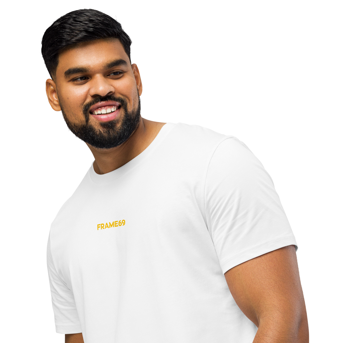 White crewneck T-shirt with small yellow FRAME69 logo on chest