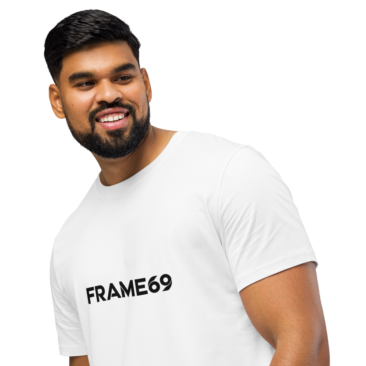 White graphic T-shirt close-up showing FRAME69 logo print