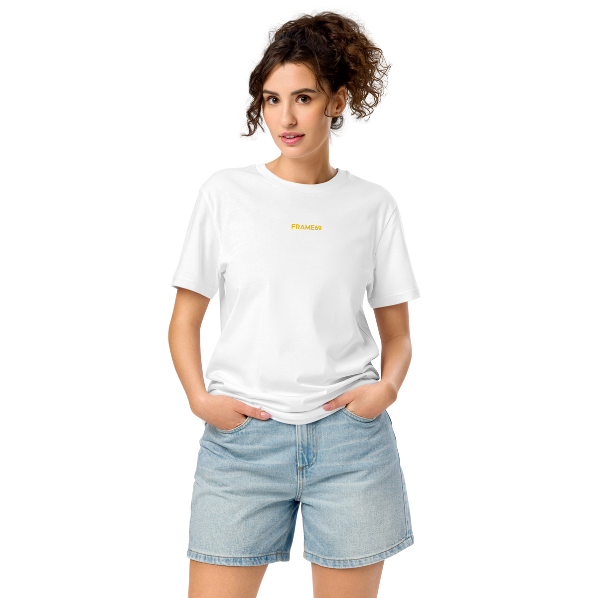 White crew-neck graphic t-shirt, short sleeves, small yellow chest logo