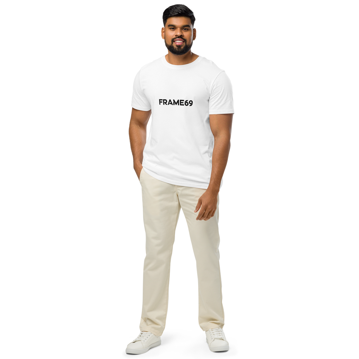 White graphic T-shirt with FRAME69 logo print and short sleeves