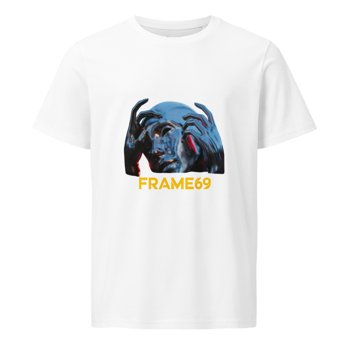 White graphic crew-neck T-shirt with colorful face print and “FRAME69” text