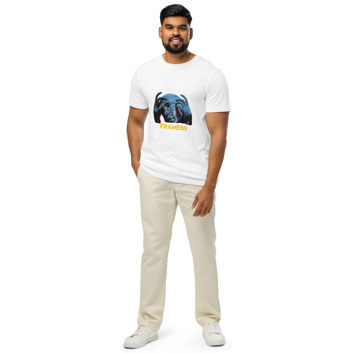 White graphic tee with blue animal graphic and orange "FRAME69" text