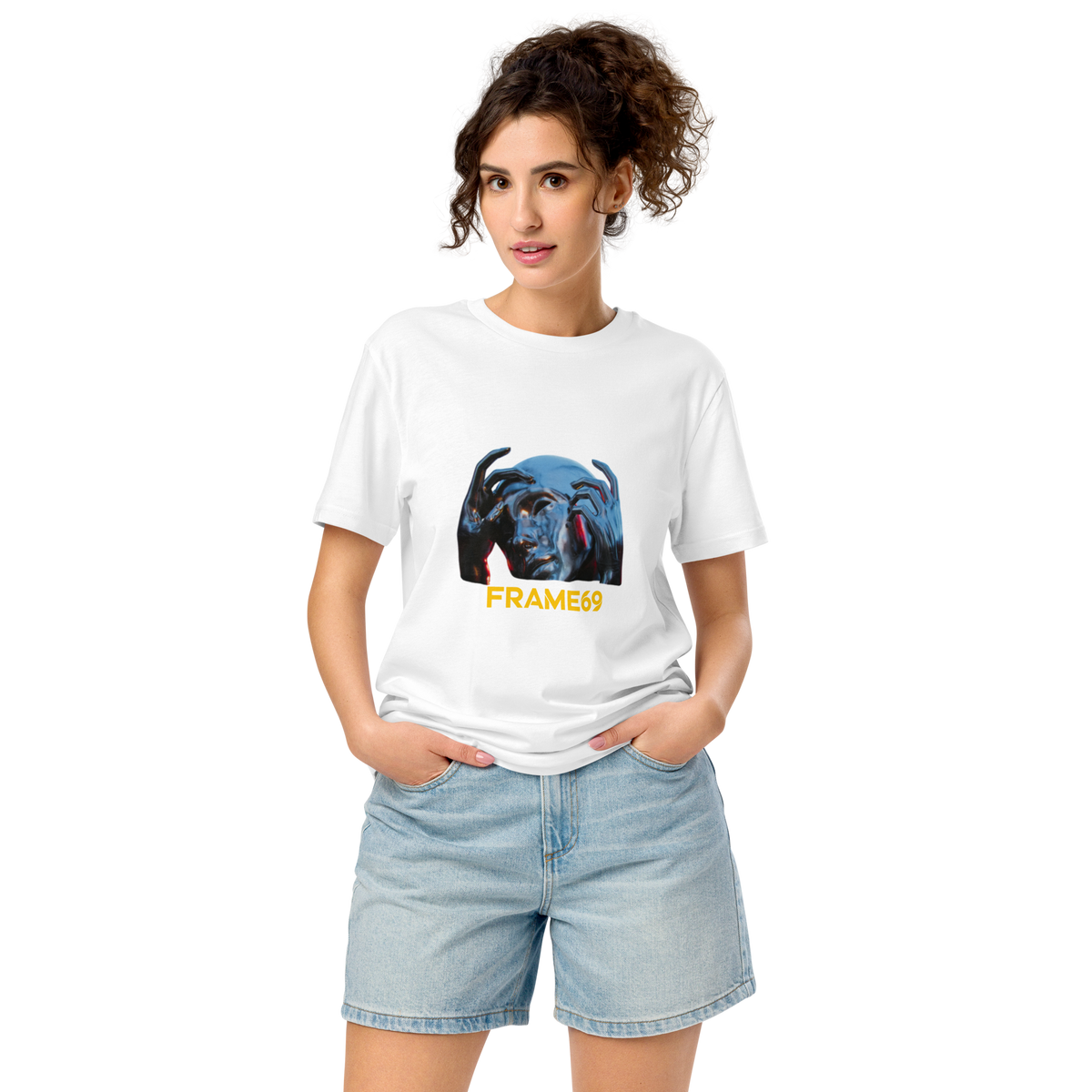 White graphic tee with blue animal graphic and orange "FRAME69" text