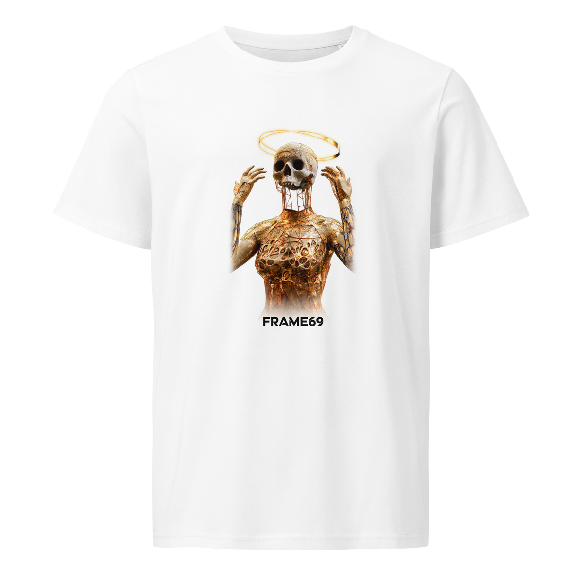 White crewneck graphic tee with gold skeleton front print and FRAME69 logo
