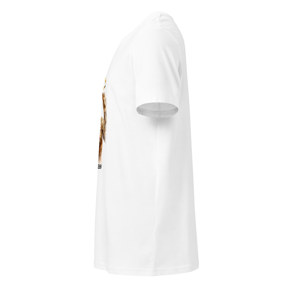 White crewneck tee, side view with partial gold skeleton graphic print