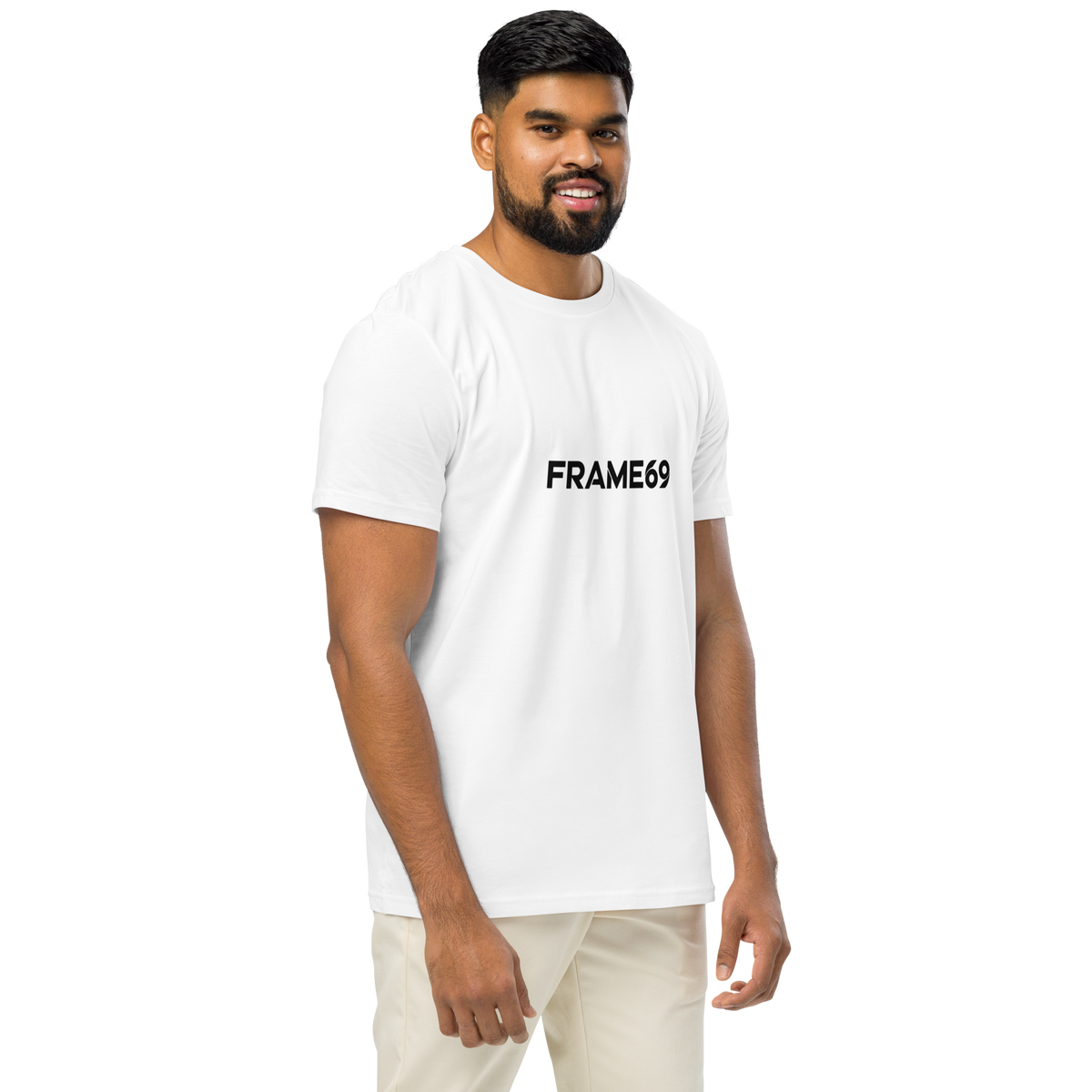 White graphic T-shirt with FRAME69 logo print on front, crew neck