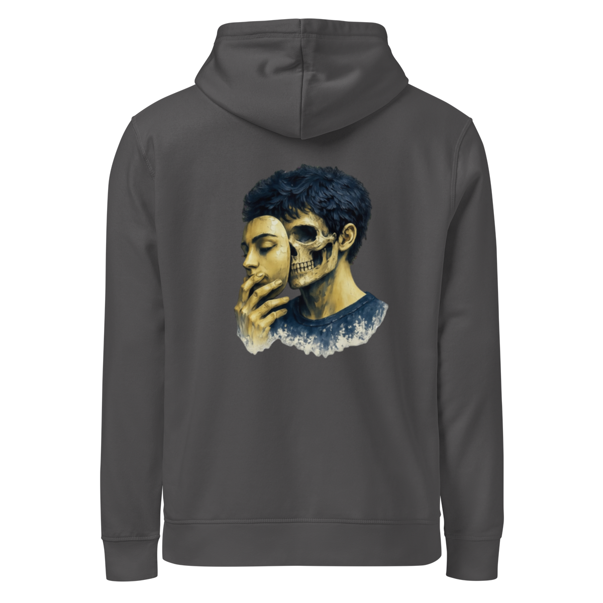 Dark heather grey pullover hoodie with blue skull portrait on the back