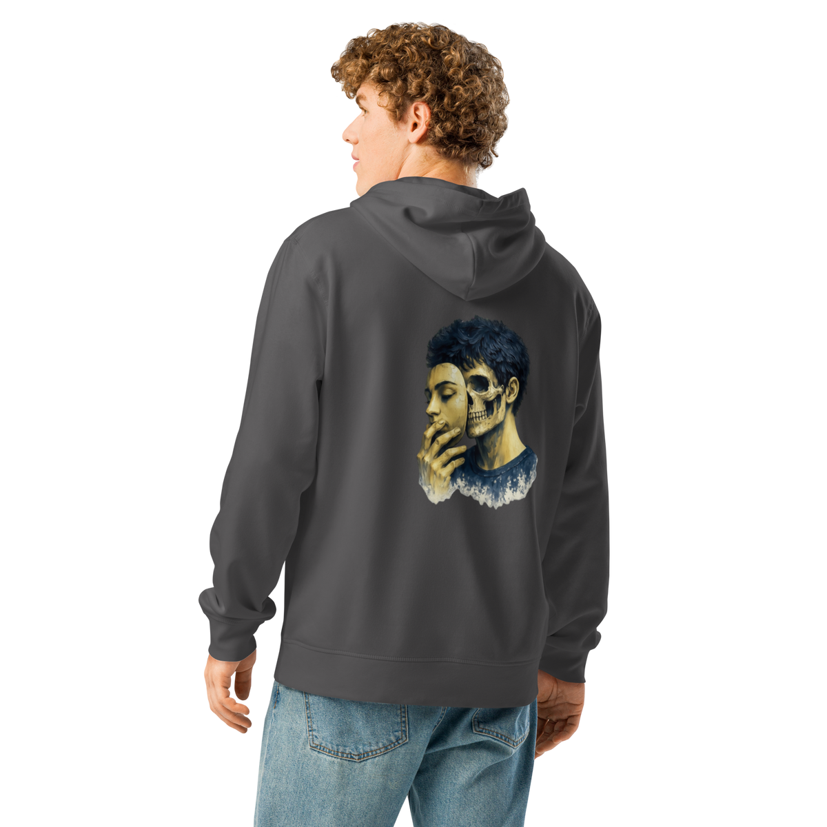 Black graphic hoodie with blue skull portrait on the back