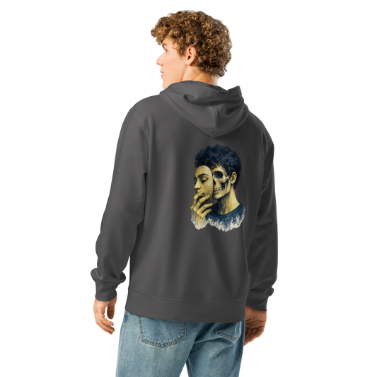 Black graphic hoodie with blue skull portrait on the back
