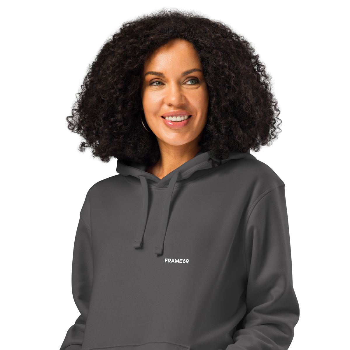 Dark heather grey graphic hoodie with hood, front pocket, and small chest logo text