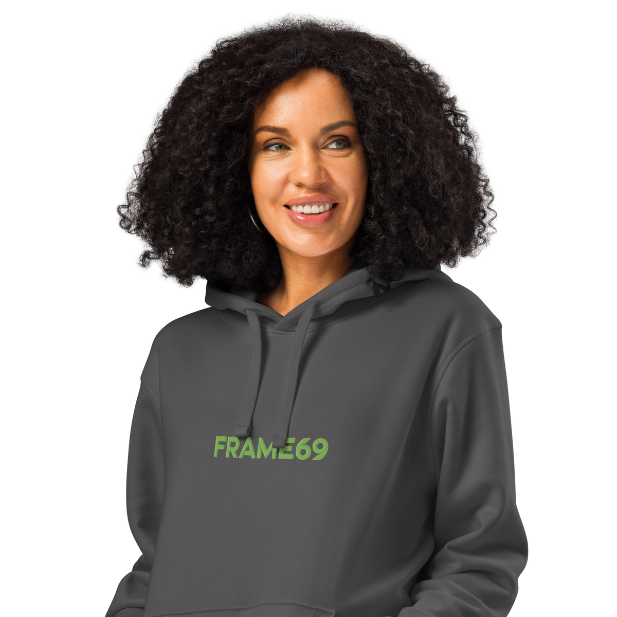 Dark gray pullover hoodie with hood and drawstring, logo on chest