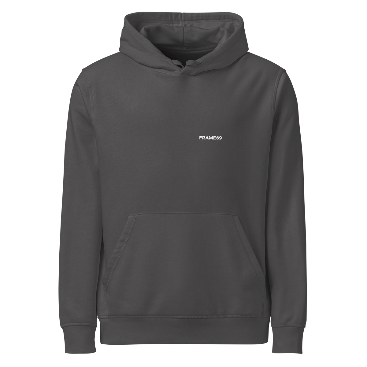 Light grey pullover hoodie with FRAME69 chest logo and front pocket
