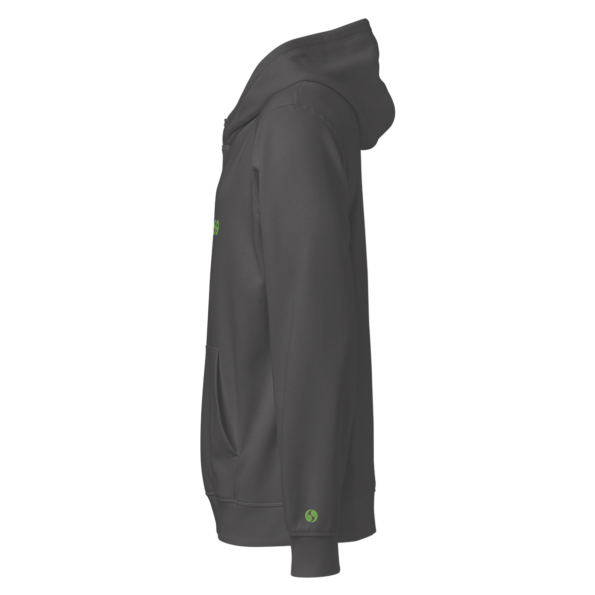 Dark gray pullover hoodie, hood and sleeve detail, side view