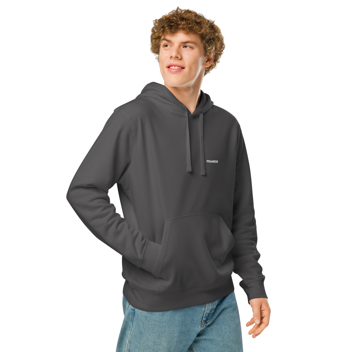Dark grey graphic hoodie with hood, front pocket, and small chest logo text