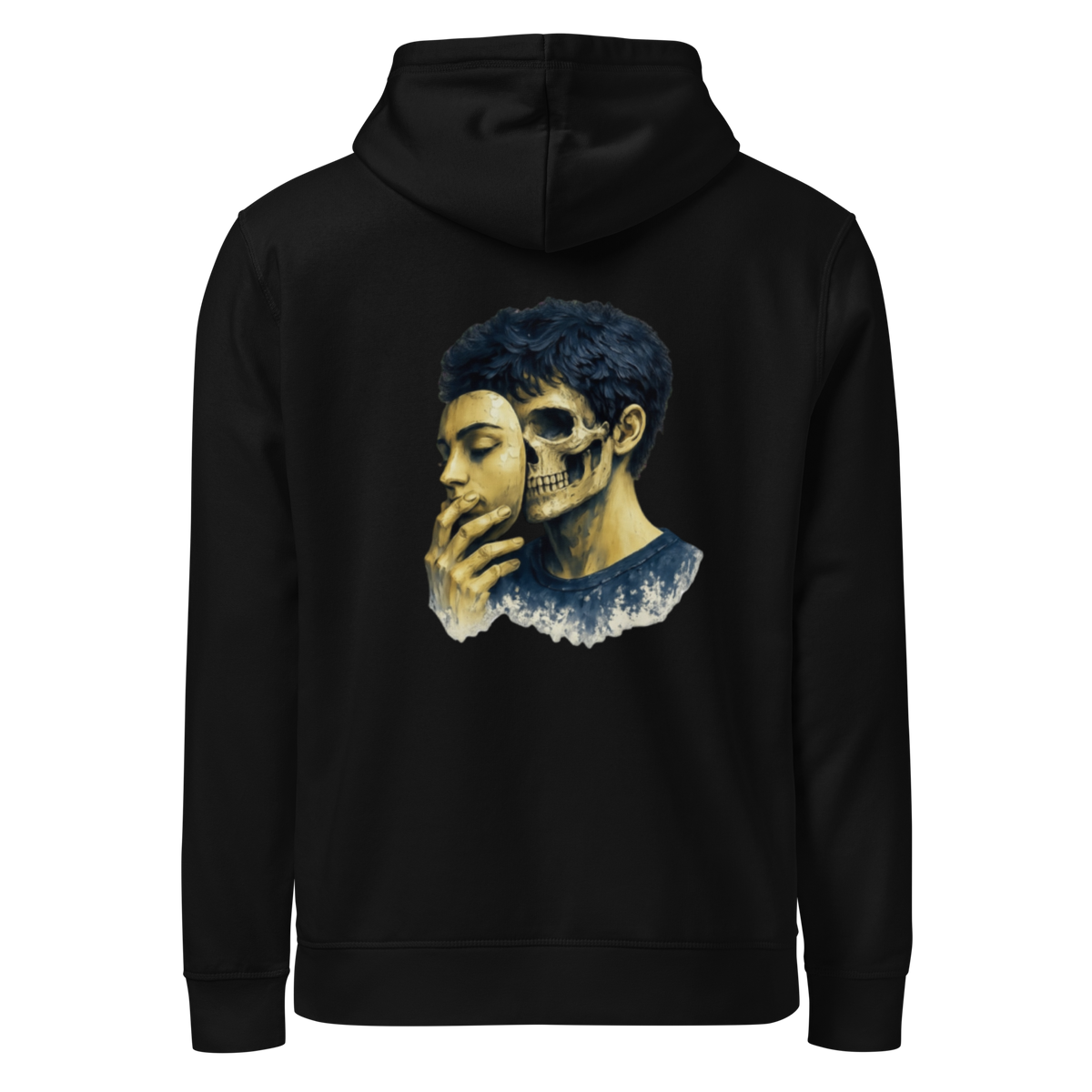 Black pullover hoodie with blue skull portrait on the back
