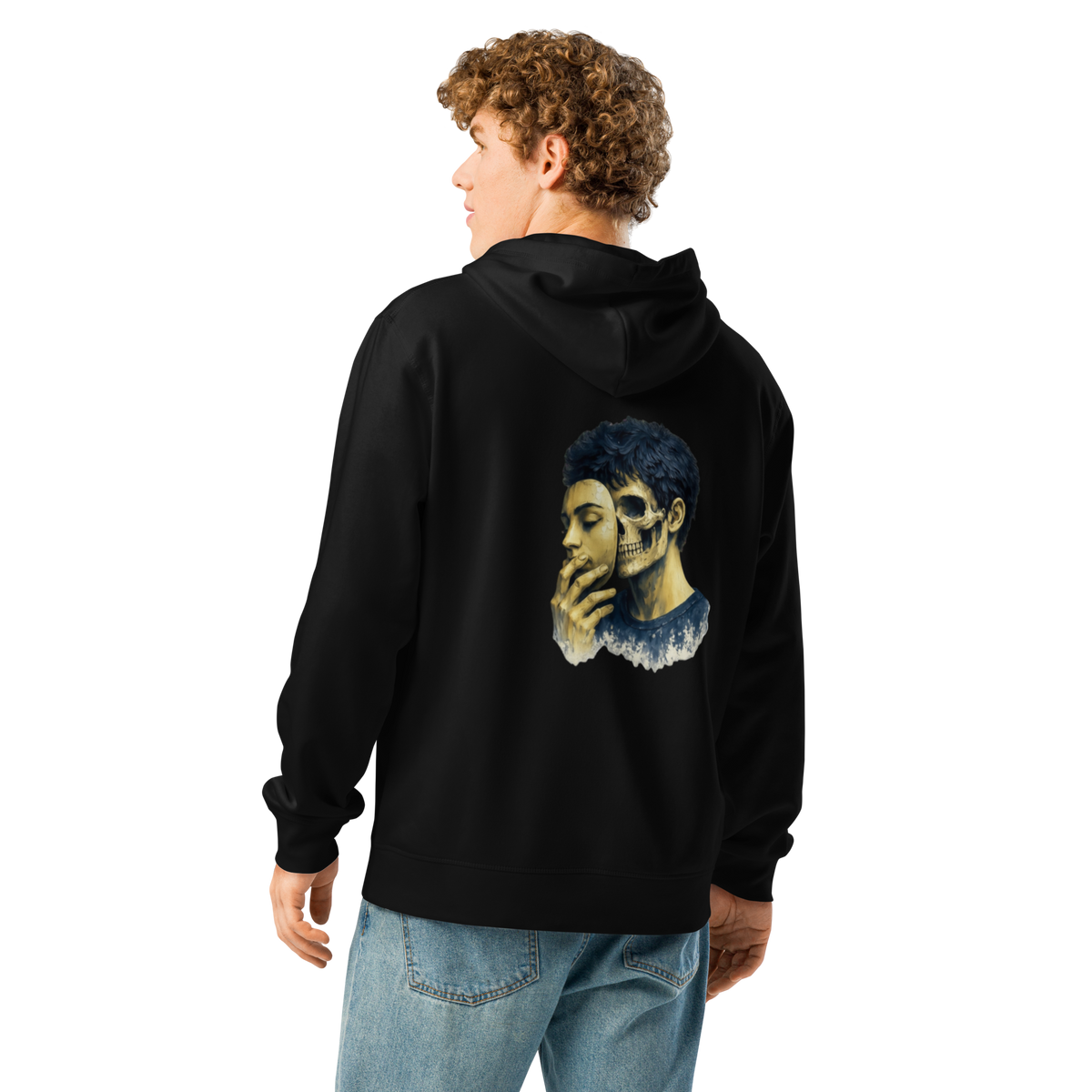 Black graphic hoodie with hood, front pocket, and large back skull graphic