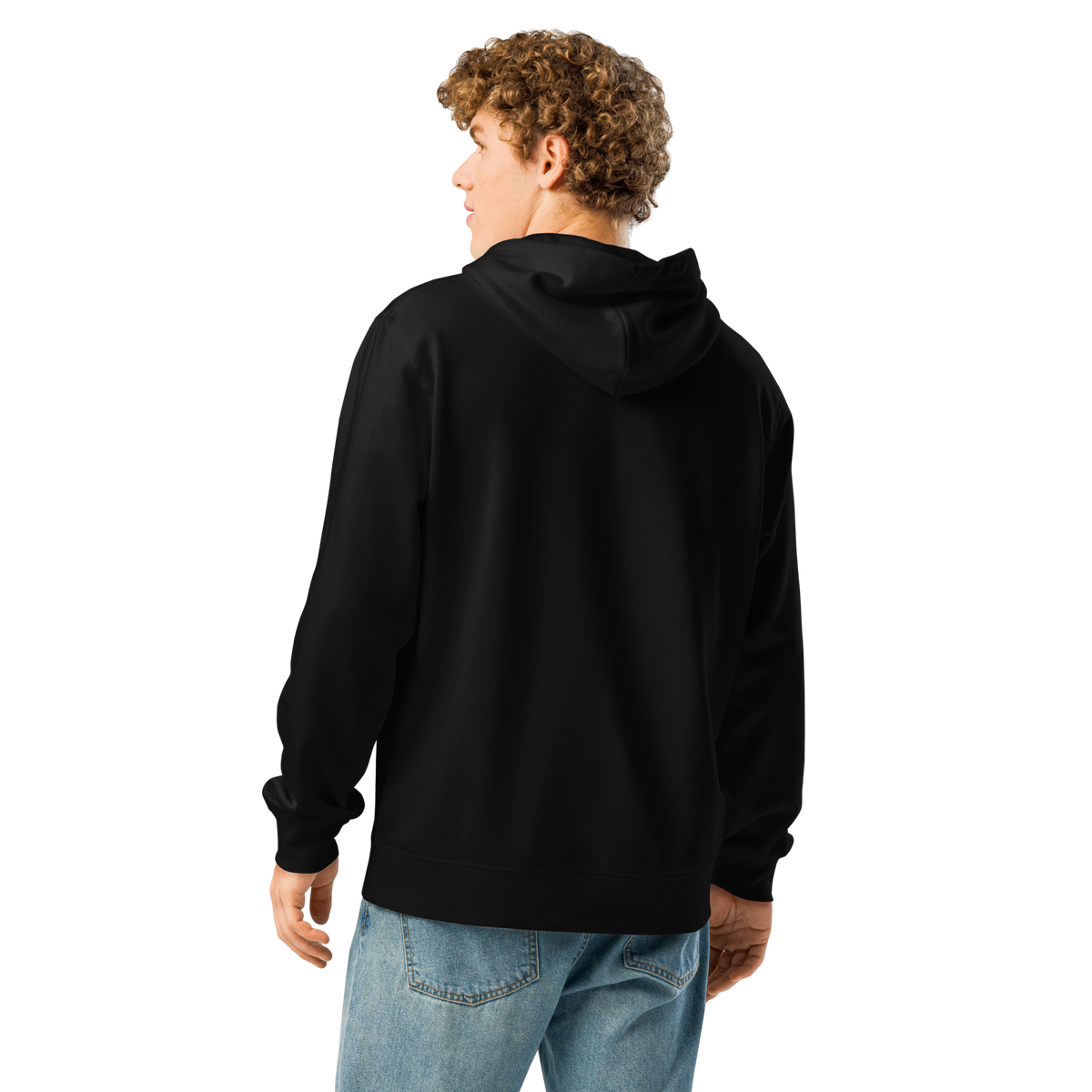 Black pullover hoodie with hood and kangaroo pocket, back view