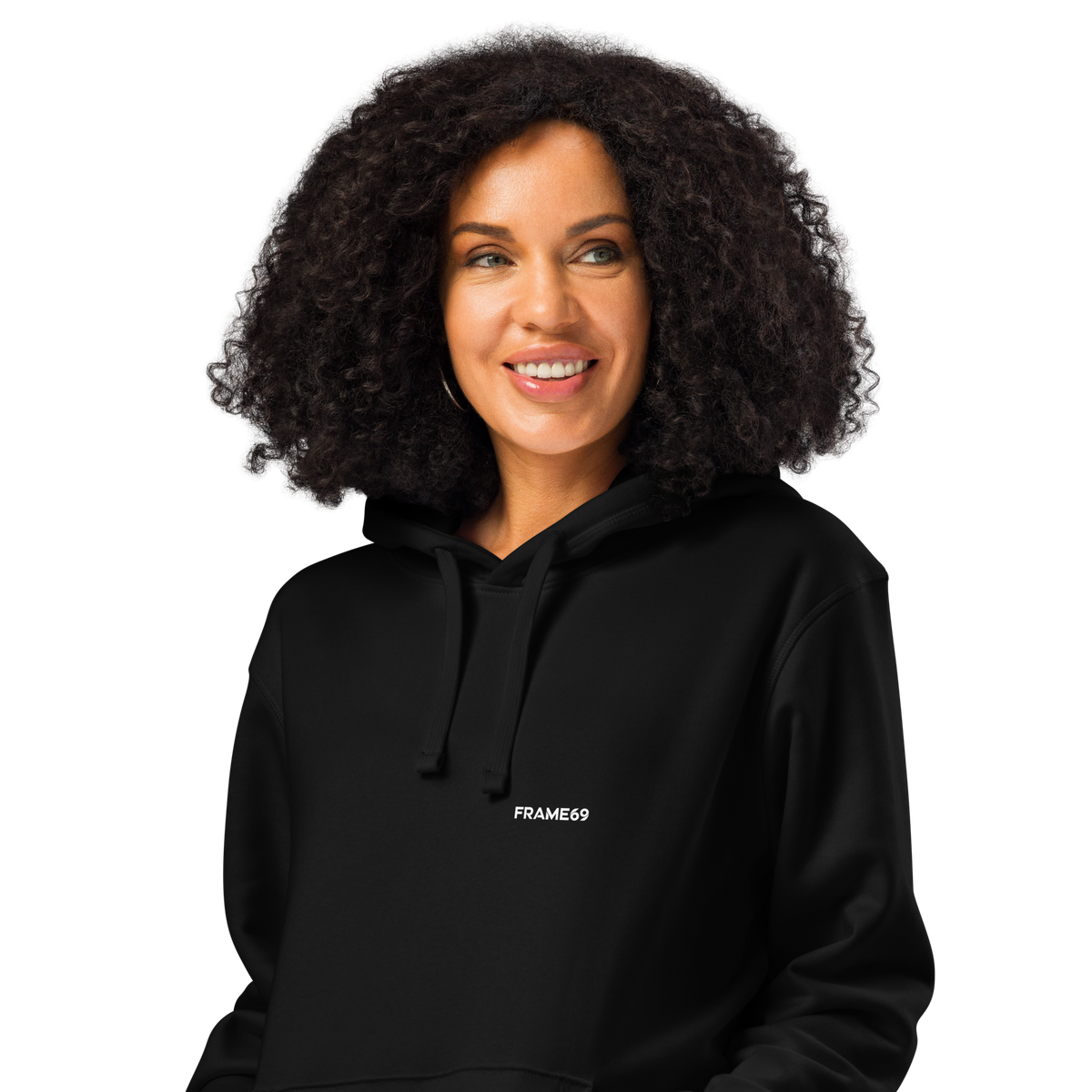 Black graphic hoodie with hood, front pocket, and small chest logo text