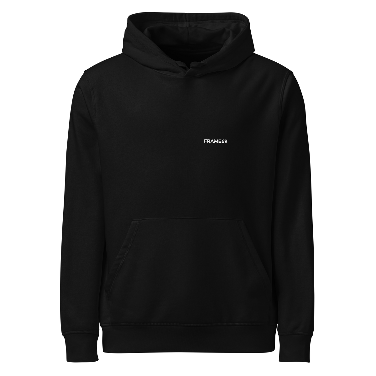 Black pullover hoodie with FRAME69 chest logo and front pocket