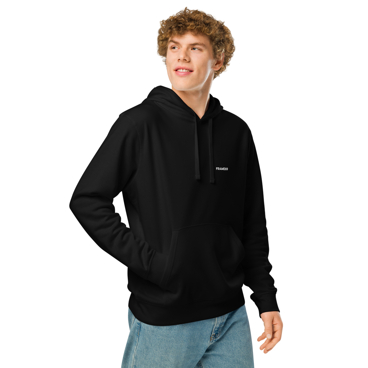Black pullover hoodie with small FRAME69 chest logo and front pocket