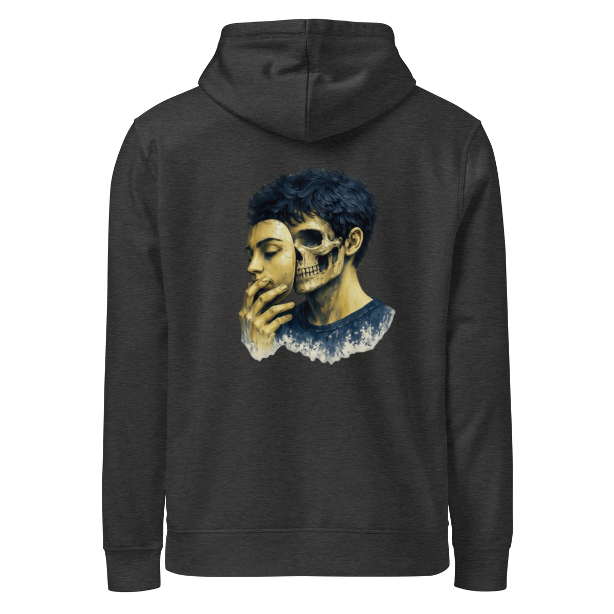 Heather grey pullover hoodie with blue skull portrait on the back