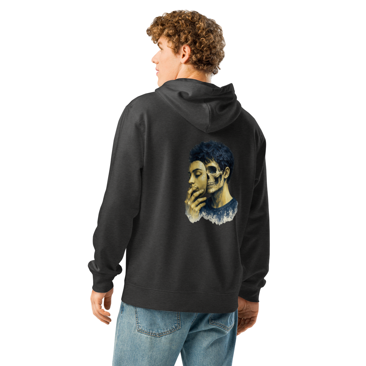 Dark grey graphic hoodie with hood, front pocket, and large back skull graphic